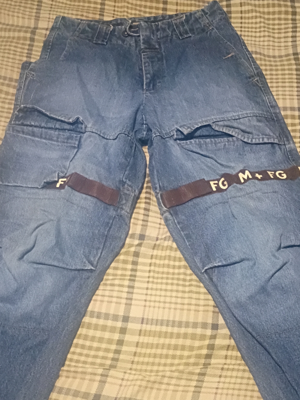Marithe Francois Girbaud Denim Cargo Pants in Blue with Brown Straps
